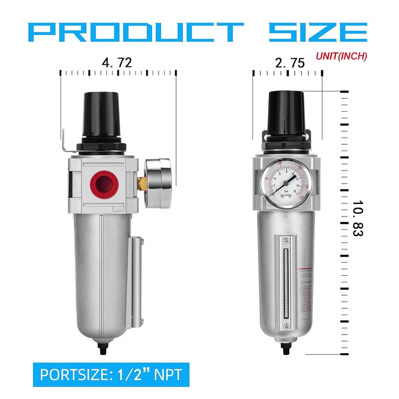 NANPU Industrial Grade Heavy Duty Particulate Filter & Air Regulator, Metal Bowl, Suitable for Paint Spray (3/4" NPT, Manual Drain) - Image 5